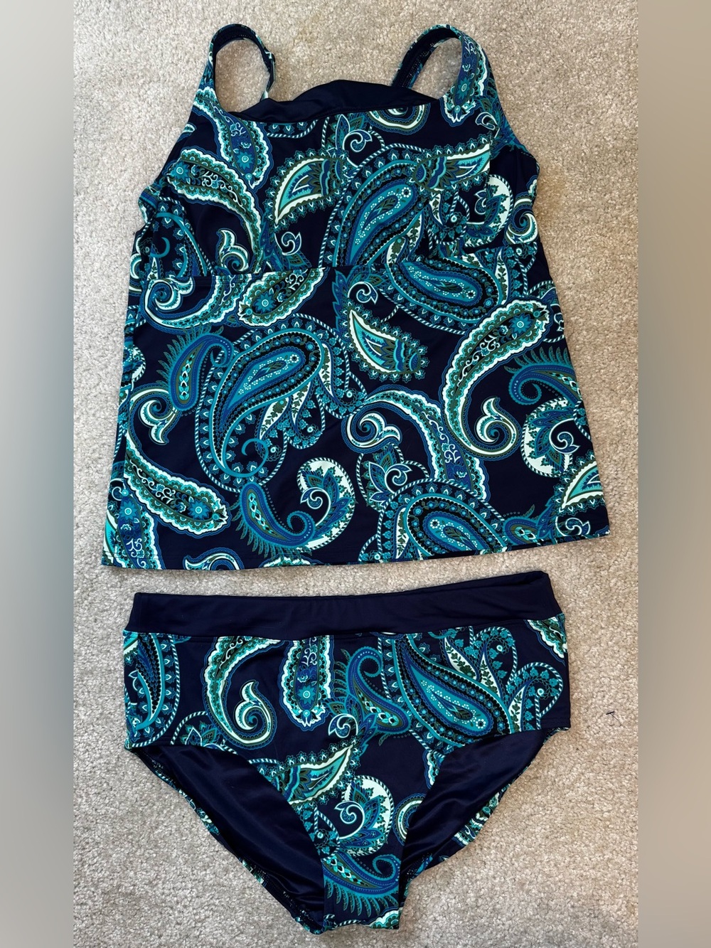Lands' End Navy Paisley Tankini Set with Teal Accents